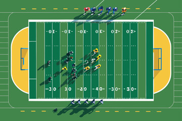 Overhead view of a vibrant, green football field with determined players in formation, ready for intense action.