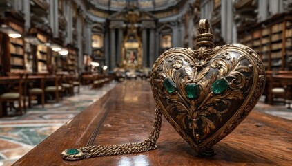 Ornate heart-shaped locket on wooden table in library