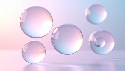 Translucent pastel bubbles floating on a soft gradient background with reflective surfaces in pink, blue, and purple.