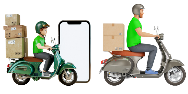 Delivery man driving scooter in logistic food service with smartphone app program.