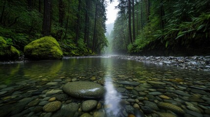 Obraz premium A serene forest stream with clear water and rocks, surrounded by lush greenery.