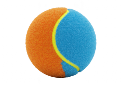 A vibrant orange and blue foam ball with a yellow stripe, isolated on a transparent background, perfect for play and games