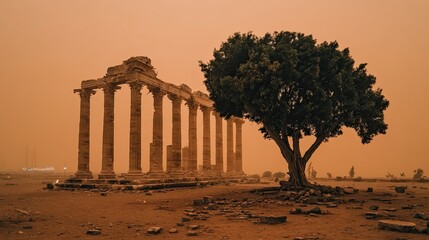 Obraz premium Ancient ruins shrouded in desert dust. A lone tree stands guard
