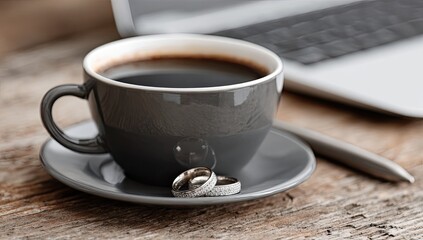 Gray coffee cup, wedding rings, laptop
