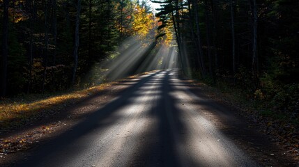Obraz premium A winding dirt road through a forest of trees.