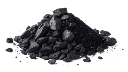 Pile of coal isolated on transparent background, a fossil fuel and a source of energy for power generation and industrial processes