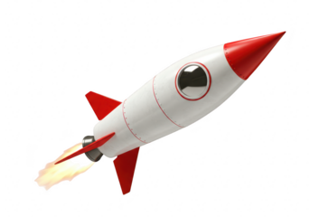 A white and red rocket with fins and a pointed nose, launching with flames from its engine, isolated on transparent background
