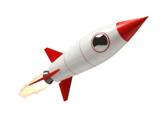 A white and red rocket with fins and a pointed nose, launching with flames from its engine, isolated on transparent background
