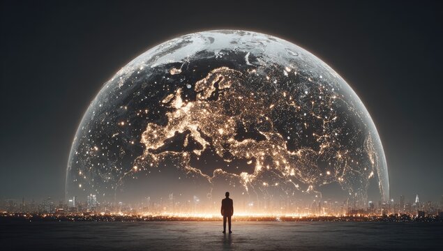 Silhouette figure faces a large, glowing Earth over city lights