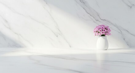 Small white vase holding a bouquet of pink flowers sits on a marble surface, bathed in soft, natural light.