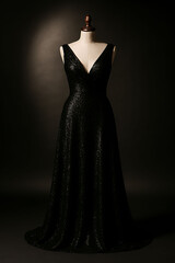 Elegant Black Sequin Evening Gown on Mannequin