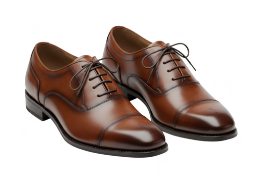 A pair of polished brown leather oxford dress shoes with laces and cap toe detailing, presented elegantly, isolated on transparent background