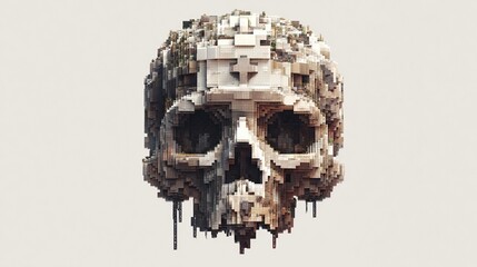 A detailed, low-poly 3D render of a skull, constructed from fragmented stone and overgrown with miniature vegetation,  showing decay and dripping textures
