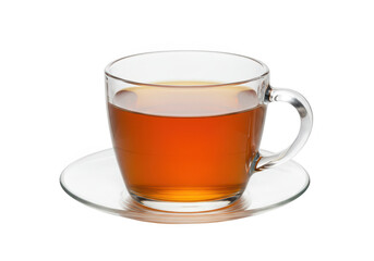 A clear glass cup filled with amber tea, isolated on transparent background