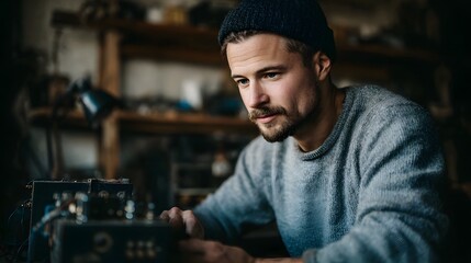 Man repairing an old radio in his workshop