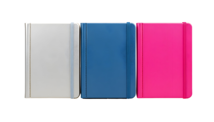 Three colorful notebooks side by side
