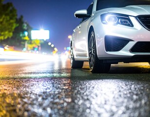 Fototapeta premium Car on wet city street at night