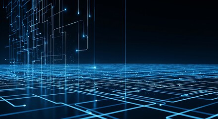 Abstract blue network of interconnected lines and nodes, suggesting data flow, futuristic technology, and digital connectivity.