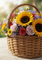 Obraz premium Sunflowers Roses in Brown Wicker Basket