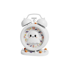3D Cute kawaii alarm clock with ghost face design, Halloween theme, white background