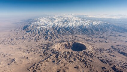 High-angle view of a cratered desert landscape, snow-capped mountains in the distance