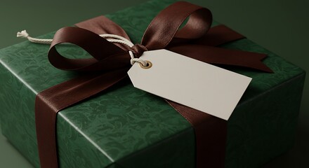Mockup elegant dark green gift box with brown ribbon and blank tag for special occasions commercial usage