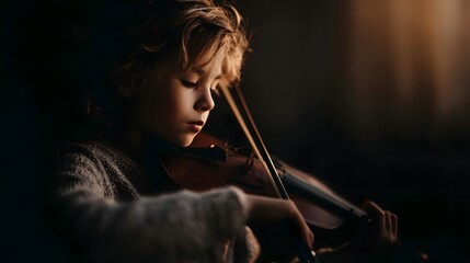 Fototapeta premium Child playing violin in warm evening light at home