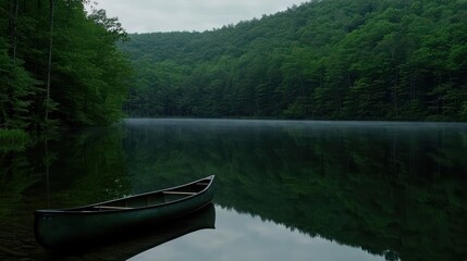 A canoe rests on a calm lake, surrounded by a forest of tall trees.