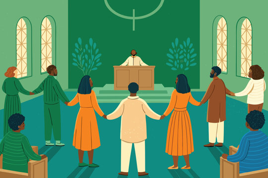 Diverse people hands clasped in prayer circle inside a sunlit church sanctuary, spiritual connection, faith, unity, worship, community.