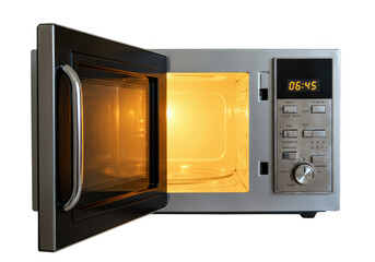 Fototapeta premium Open microwave oven with light on inside, isolated on transparent background