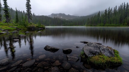Naklejka premium A serene lake surrounded by lush green trees and misty mountains.