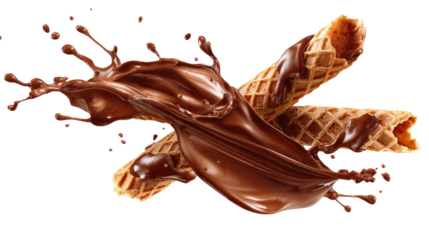 Flying Crispy Chocolate Wafer Stick with Chocolate Splash isolated on transparent background Remove png, Clipping Path, pen tool