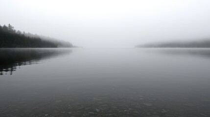 Fototapeta premium A foggy lake with trees on either side.