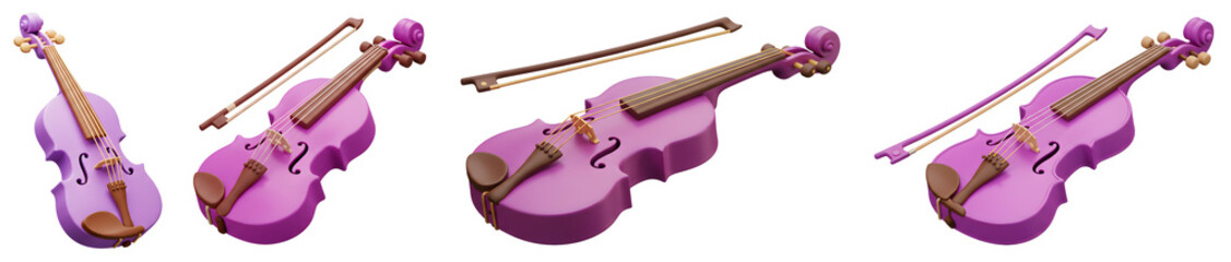 Aesthetic Pixel Art Violet Violins with Bows on Transparent Background for Musical Projects