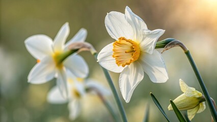 Fototapeta premium Group of white daffodil flowers blooming in a green field during springtime, capturing the beauty of the natural world