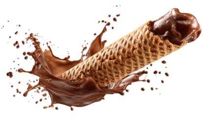 Flying Crispy Chocolate Wafer Stick with Chocolate Splash isolated on transparent background Remove png, Clipping Path, pen tool