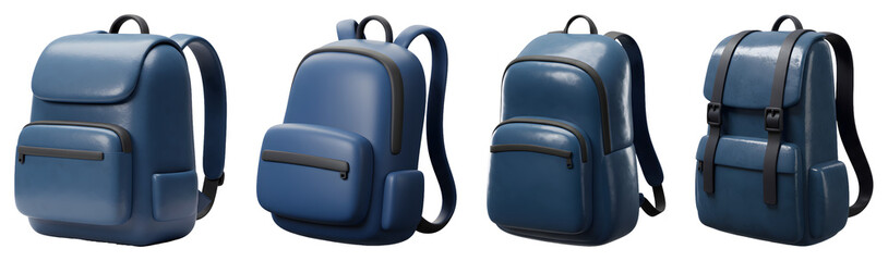 Naklejka premium Assorted Indigo Blue Backpacks Different Designs on Transparent Background for School Travel and Casual Use in Realistic Rendering Style