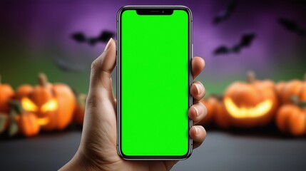 Hand holding smartphone with green screen and Halloween background of pumpkins and bats