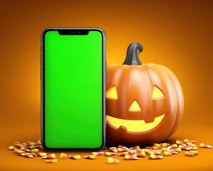 Halloween smartphone mockup with green screen beside glowing jack-o&rsquo;-lantern pumpkin and candy corn