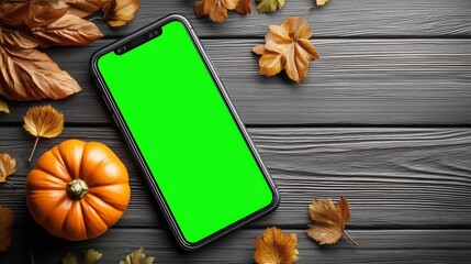 Flat lay smartphone mockup with green screen, pumpkin and autumn leaves on wooden desk for Halloween