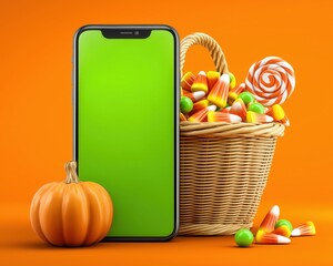 Halloween smartphone mockup with green screen beside candy-filled trick-or-treat basket and pumpkin on orange background