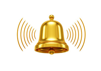 Isolated Golden 3D Ringing Bell Icon with Sound Waves