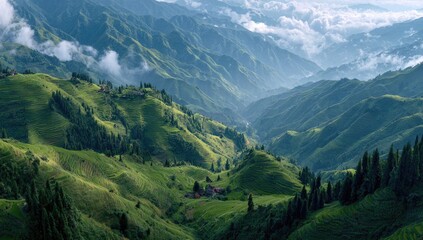 Fototapeta premium Lush terraced hillsides, valleys, and mountains