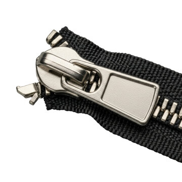 Broken metal zipper, dark grey tapes, silver teeth, fractured slider pull-tab. Extreme macro, isolated on transparent, technical analysis of damage.