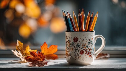 Autumnal colored pencils in decorative mug on windowsill