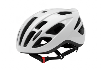 White bicycle helmet with black and red straps isolated on transparent background