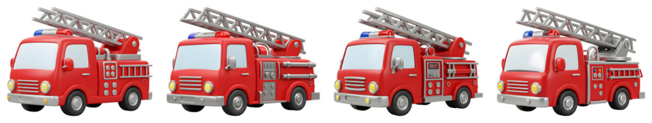 Fototapeta premium Cartoonish Red Fire Trucks with Silver Ladders on Transparent Background