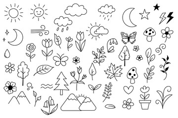 自然や季節をモチーフにした手描き風の黒い線画アイコンセット | Hand-drawn Black Line Icons of Nature and Seasonal Elements