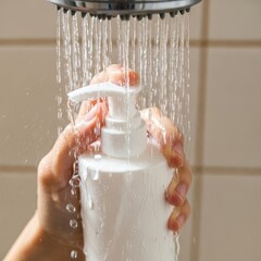 Fototapeta premium Person's Hands Holding a White Soap Dispenser Under Shower Water, Bathroom Hygiene Concept