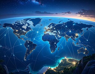 Abstract digital network with glowing lines and nodes connecting across world map